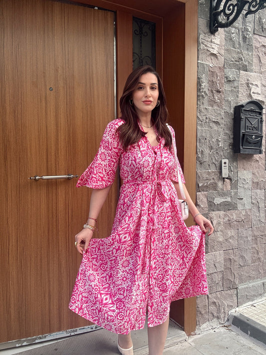 Geniş v yaka desenli elbise FUŞYA