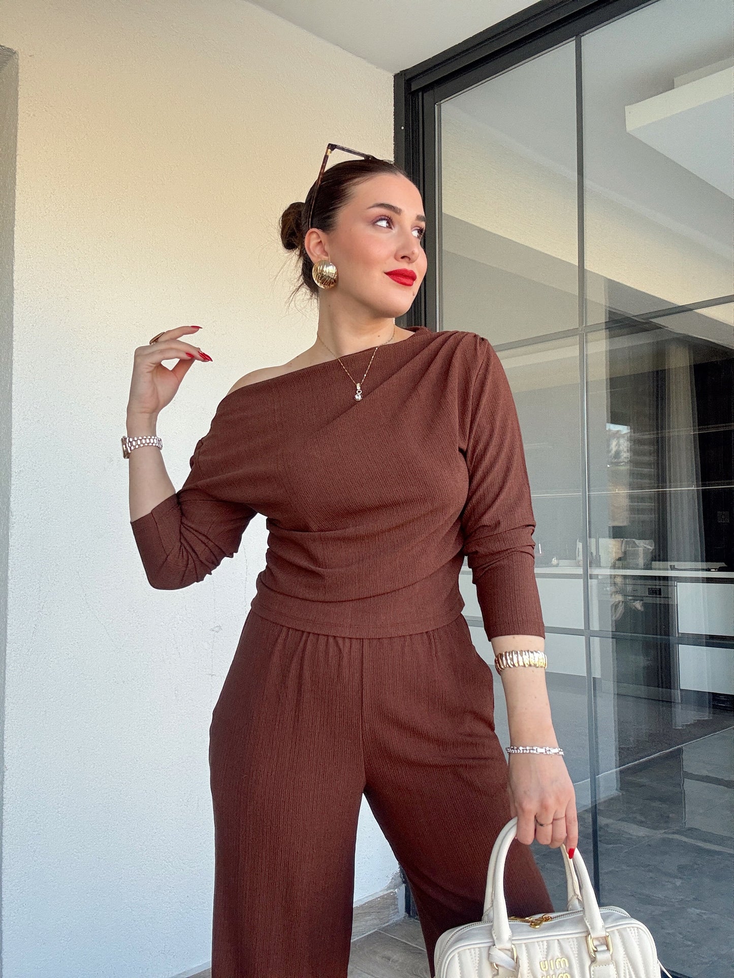Ağaç kabuğu desenli 2 parça takım KAHVERENGİ