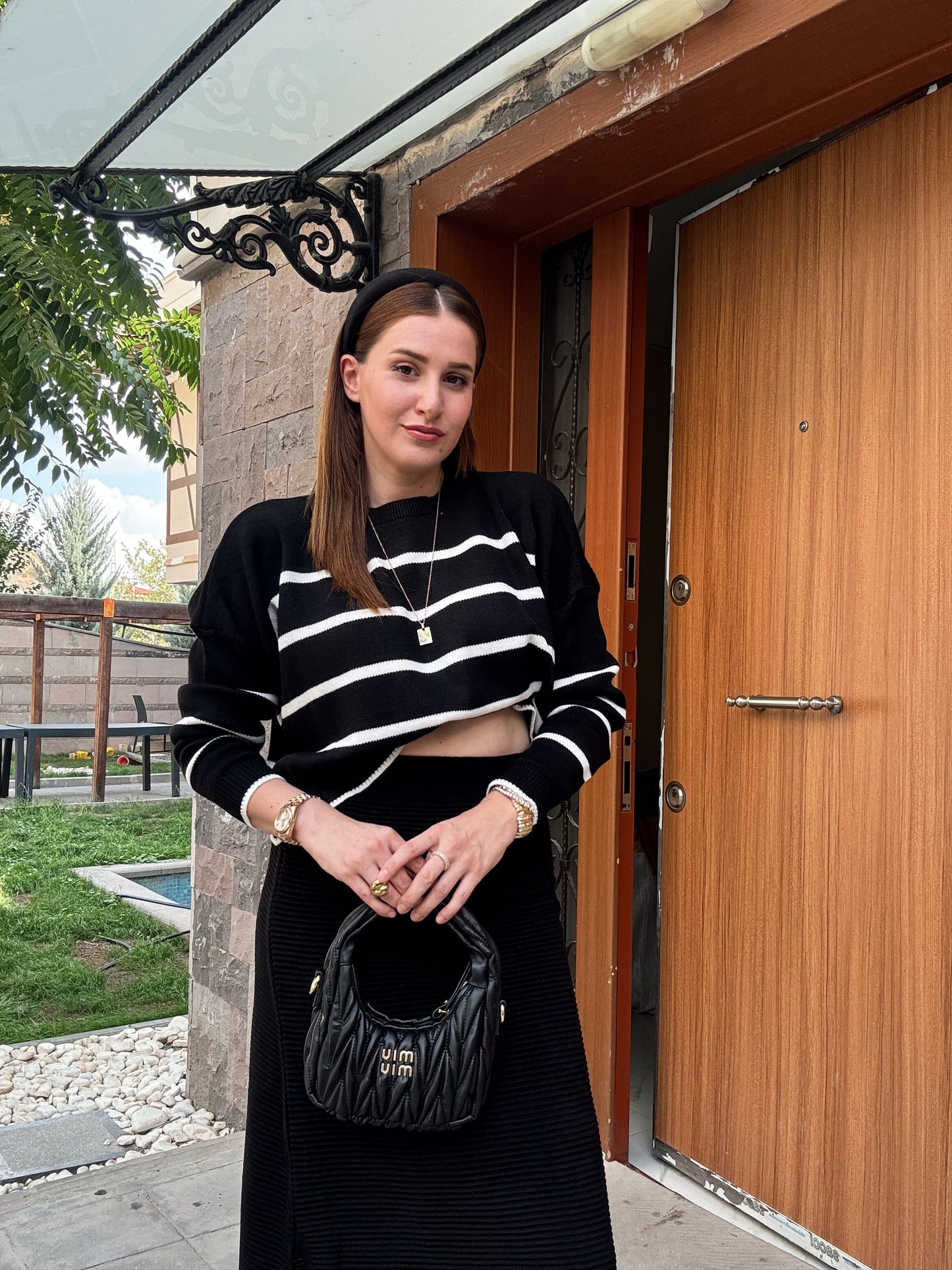 Çizgili Crop Kazak - SİYAH