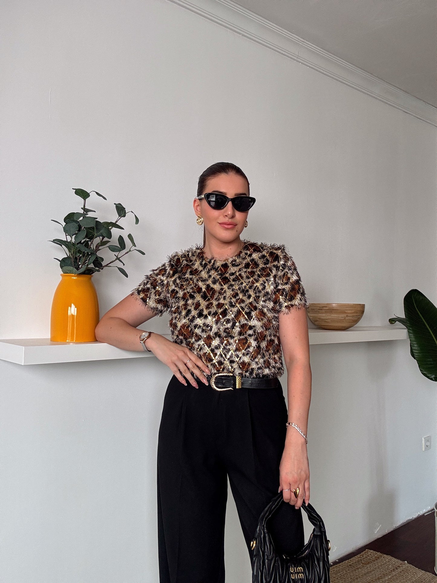 Leopar desen sakal kumaş Simli Bluz Kahve