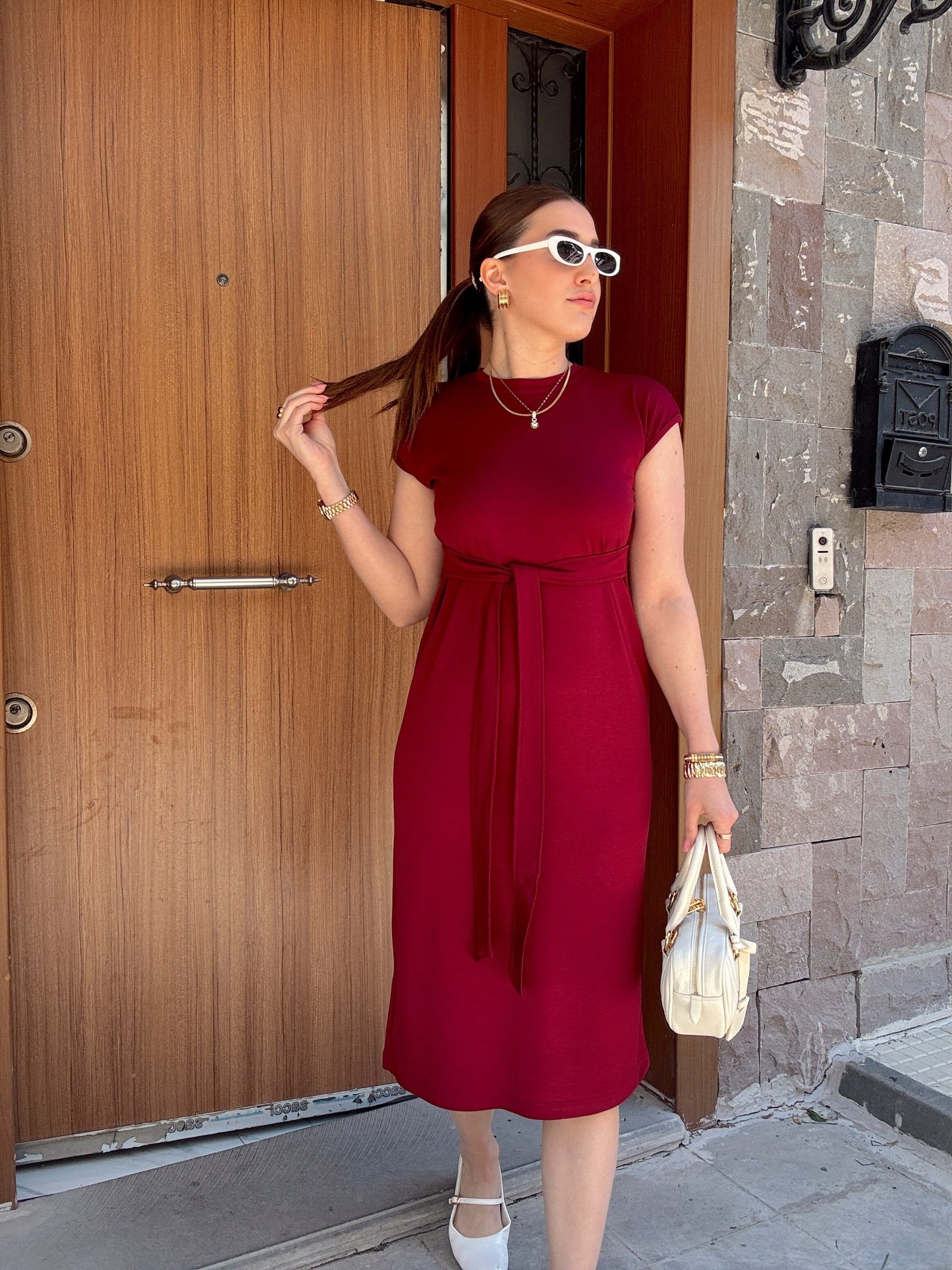 Belden Kemerli Yarım Kol Modal Elbise Bordo