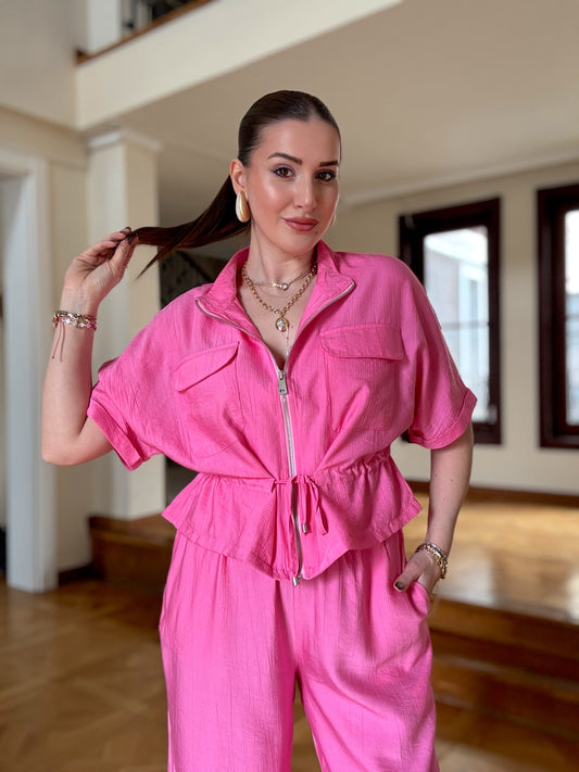 Pantolon Fermuarlı ceket takım - Pembe