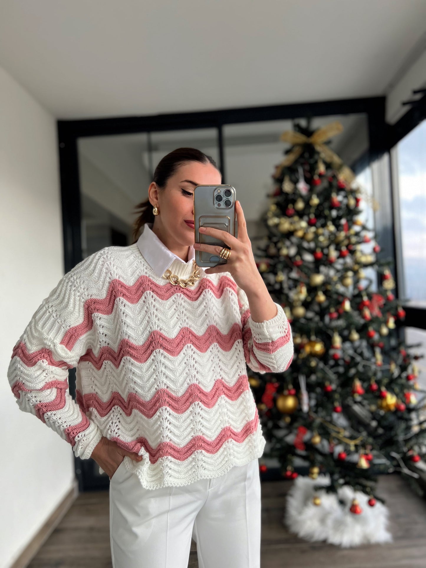 Desenli İki Renkli Triko Kazak - EKRU PUDRA