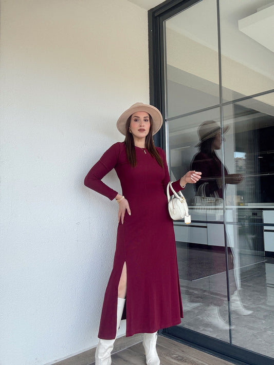 Bisiklet yaka yırtmaçlı fitilli elbise BORDO