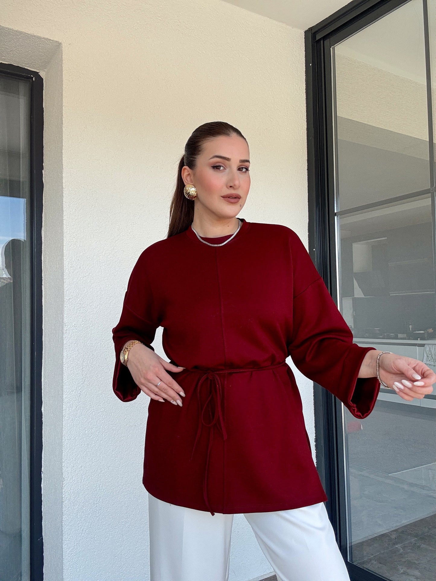 Modal kumaş duble kol tunik-BORDO