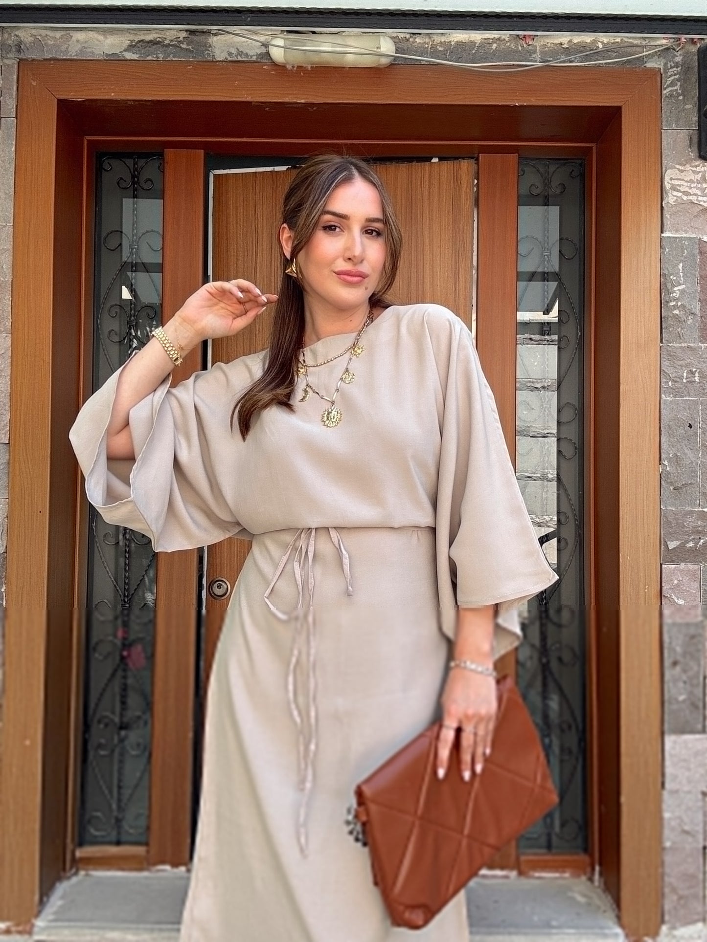 Bağlama Model Cupra bel Kuşaklı Yarasa Kol elbise Taş
