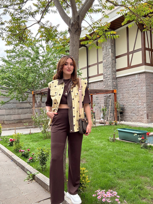 Puantiyeli Yelekli 3 parça Takım Sarı