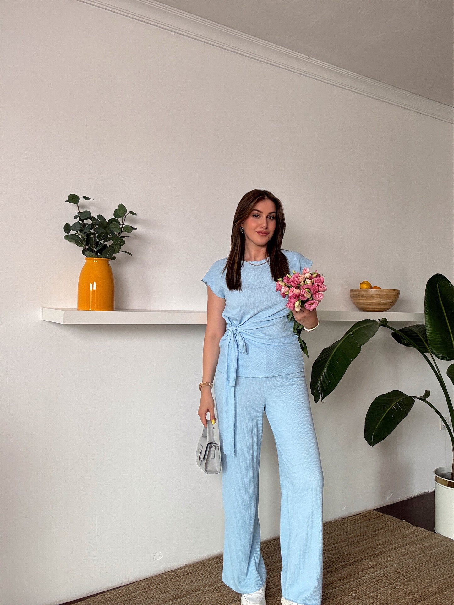 Bağlama detaylı bluz pantolon ikili takım Bebe mavi