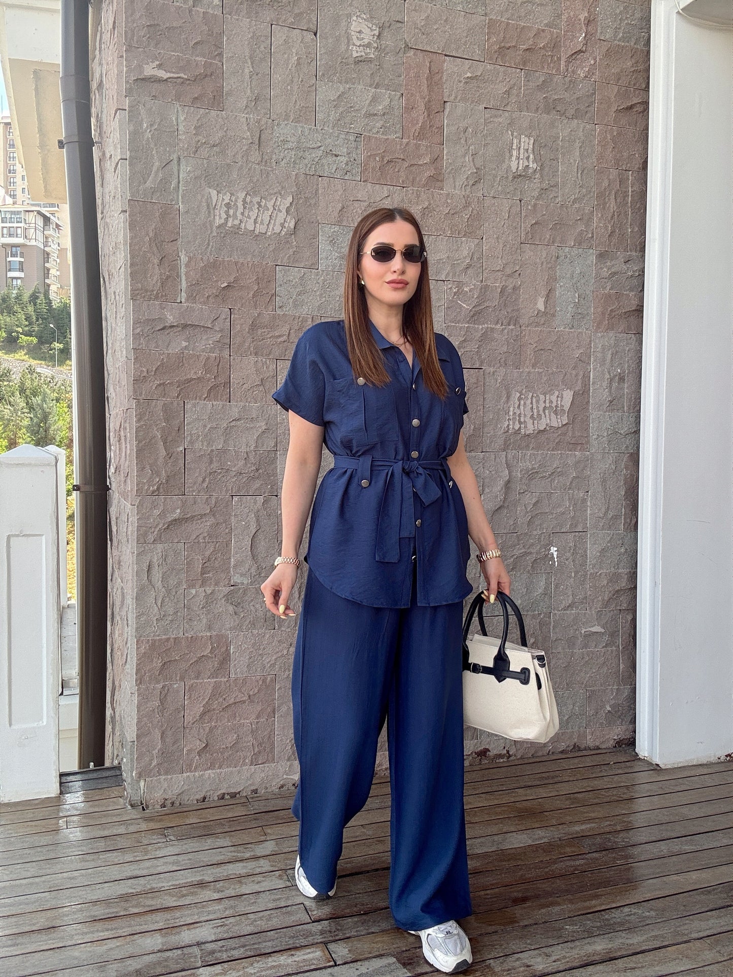Kuşak detaylı İkili Takım Lacivert