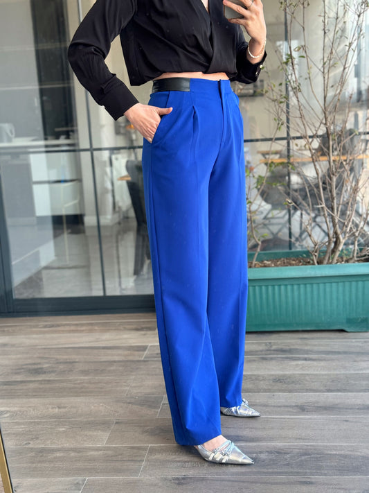 Deri Garnlili Milano Pantolon - SAKS MAVİ