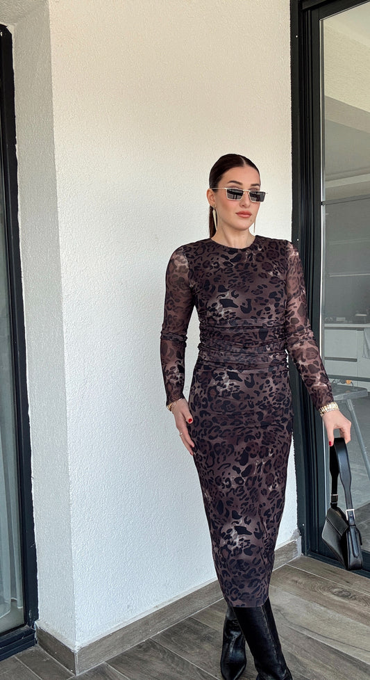 Tüllü Elbise - KAHVERENGİ