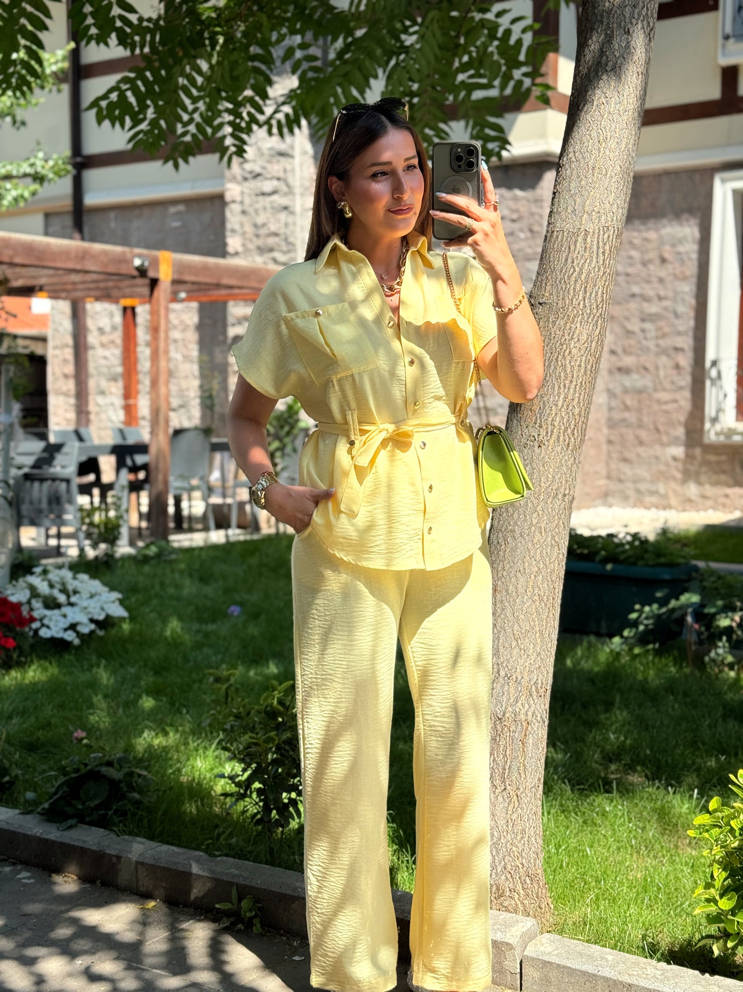 Bağlamalı Premium keten takım Sarı