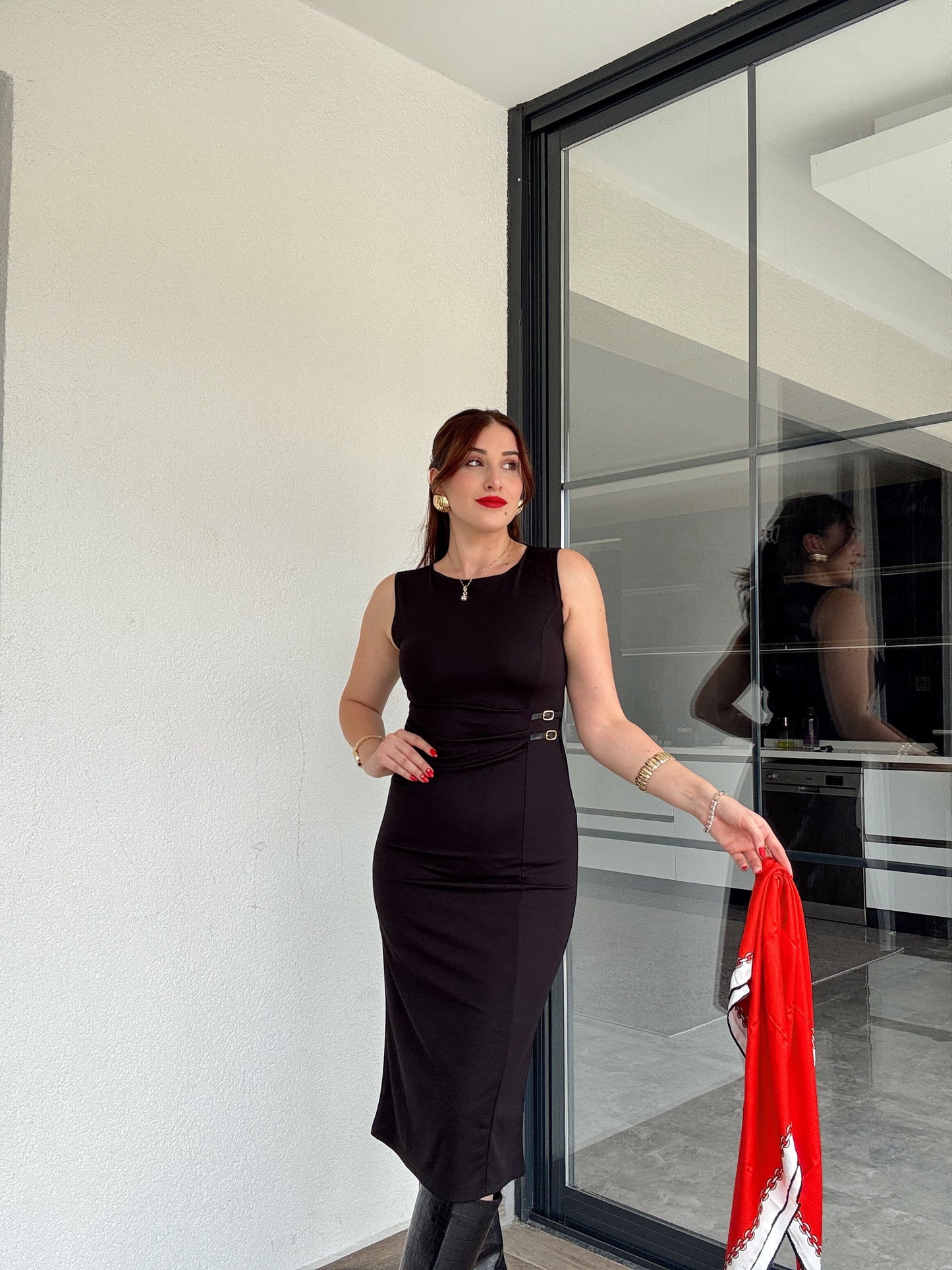 Drape detaylı midi elbise SİYAH
