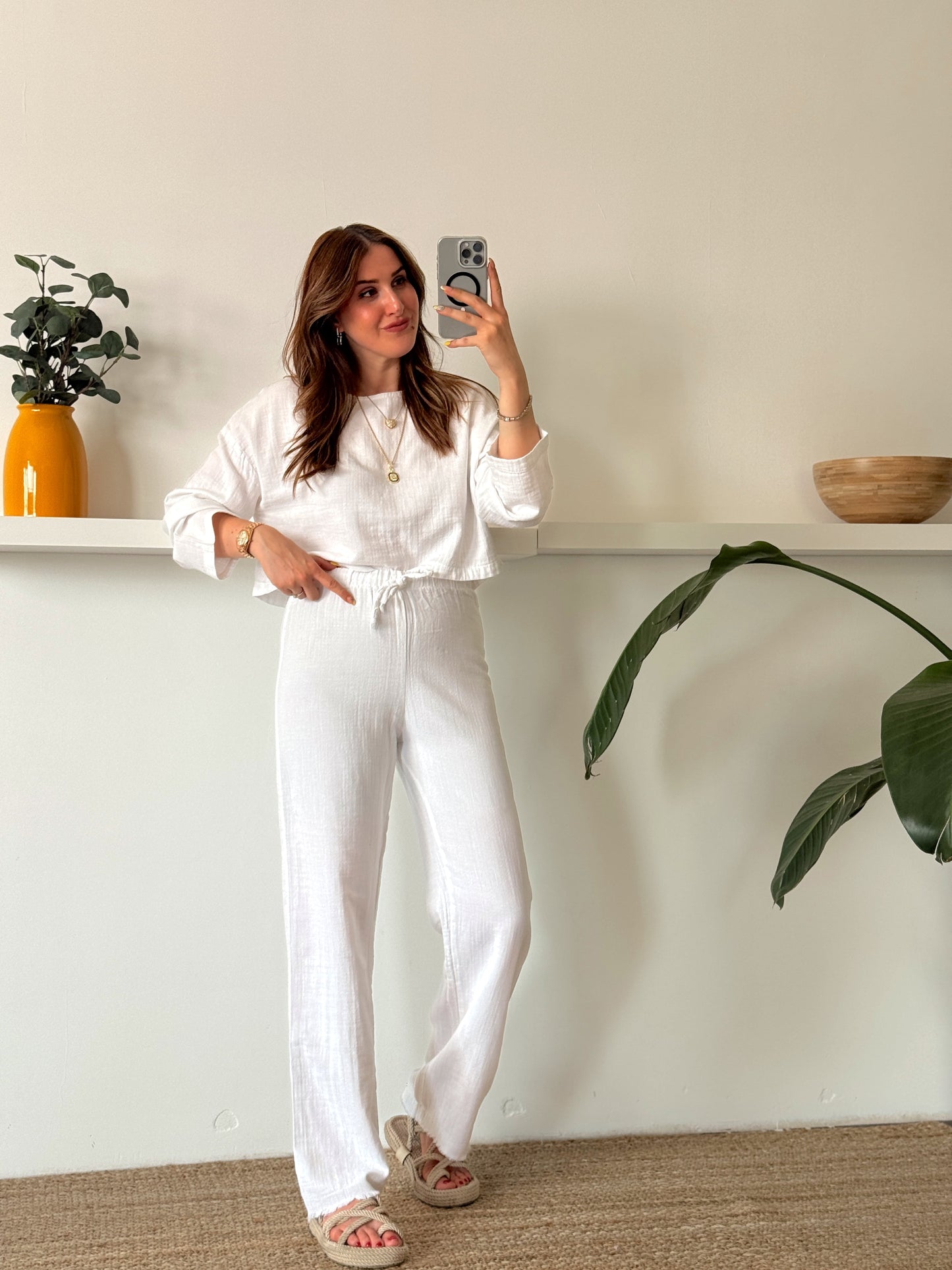 Keten uzun kol crop pantolon ikili takım BEYAZ