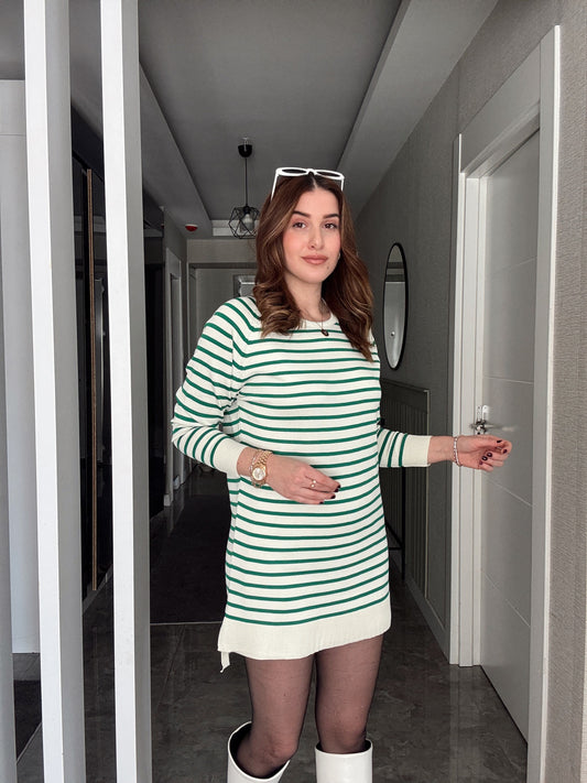 İTALYAN KOL ÇİZGİLİ POLİELİT KAZAK - YEŞİL