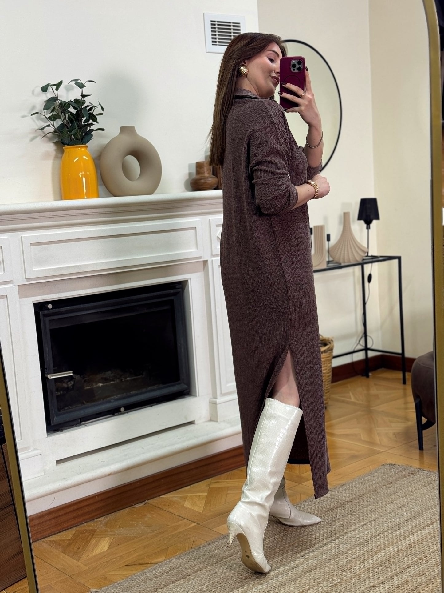 Polo yaka çift yıtmaç elbise-KAHVERENGİ