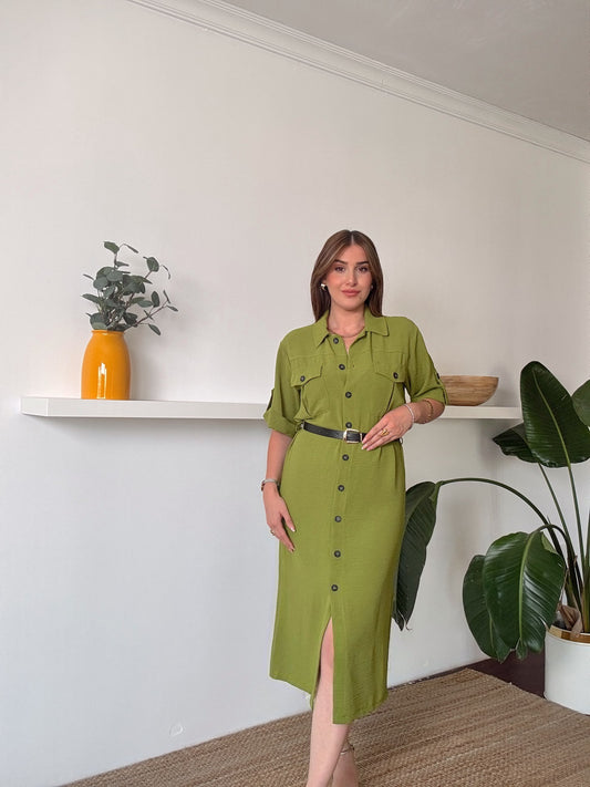 Kısa kol önden düğmeli kemerli elbise YEŞİL