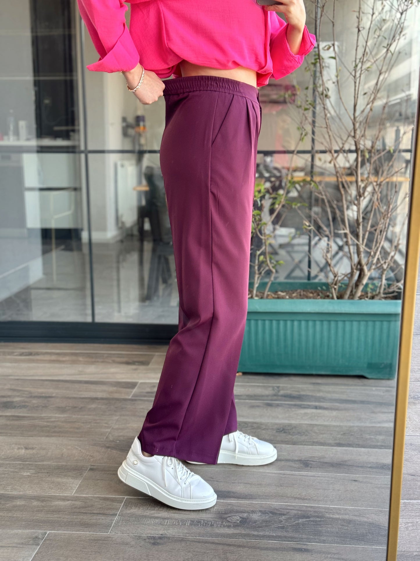 Pileli Beli Lastikli Bol Paça Pantolon - MÜRDÜM