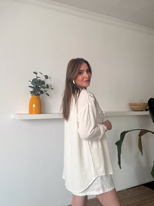 Yaka nakış işlemeli keten gömlek TAŞ