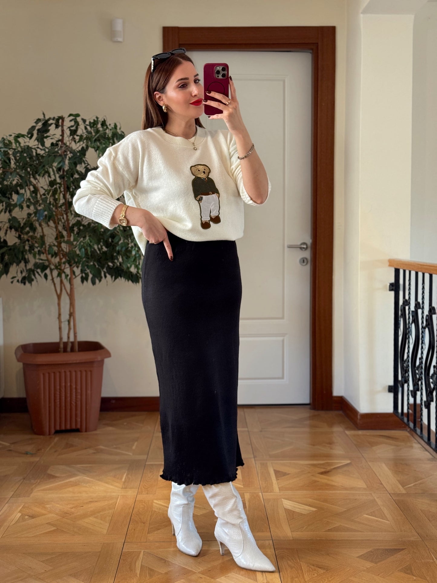 Ayıcık İşleme Yumoş Triko Kazak - EKRU-YEŞİL