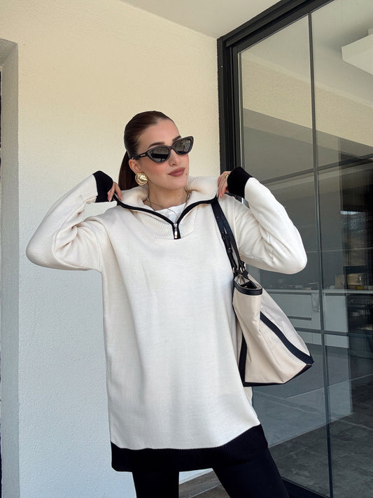 Yaka Renkli Fermuarlı Triko Kazak - LATTE SİYAH