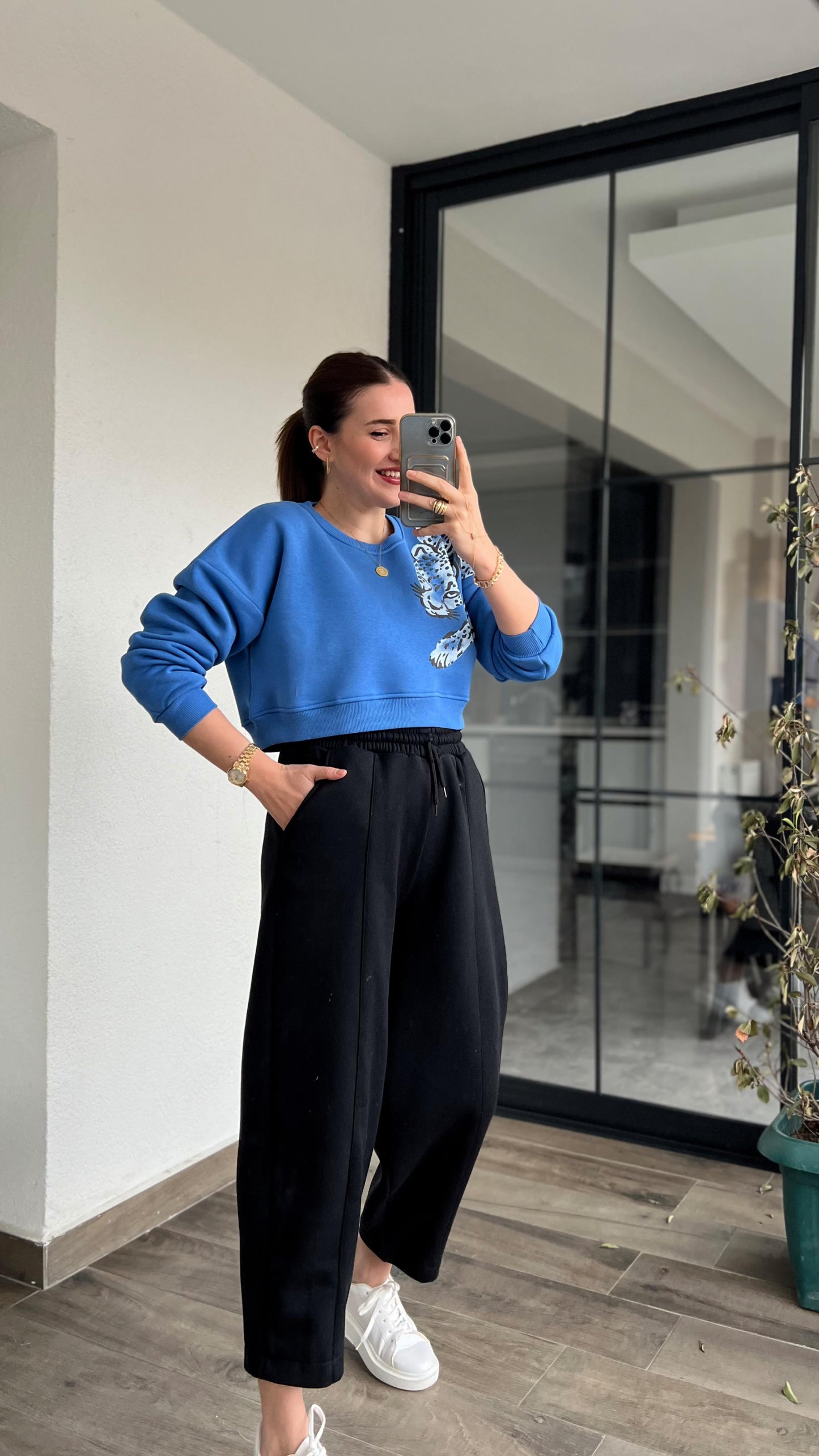 Leopar Baskı Crop Sweat KLS344 MAVİ