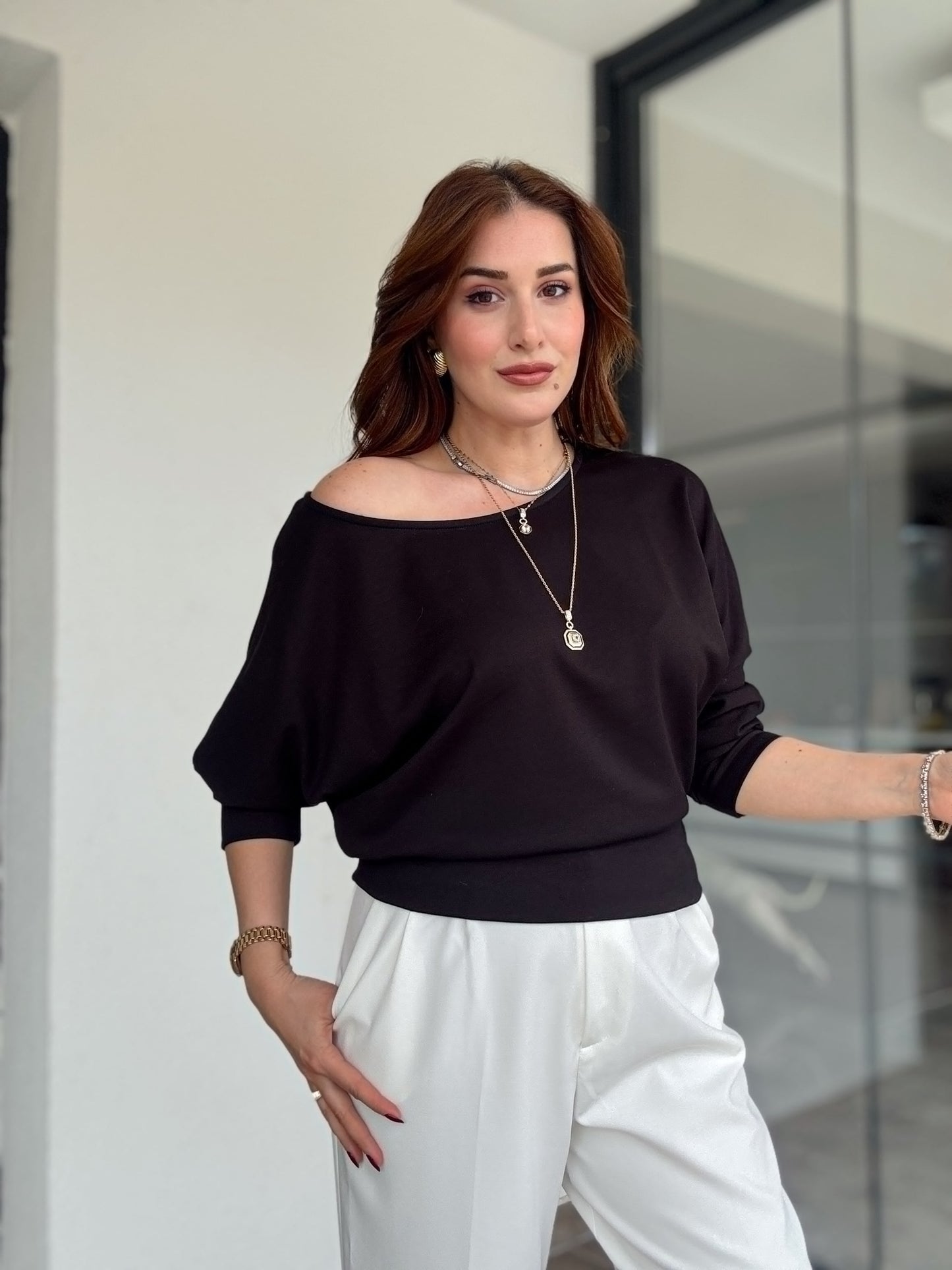 Kayık yaka modal kumaş bluz-SİYAH