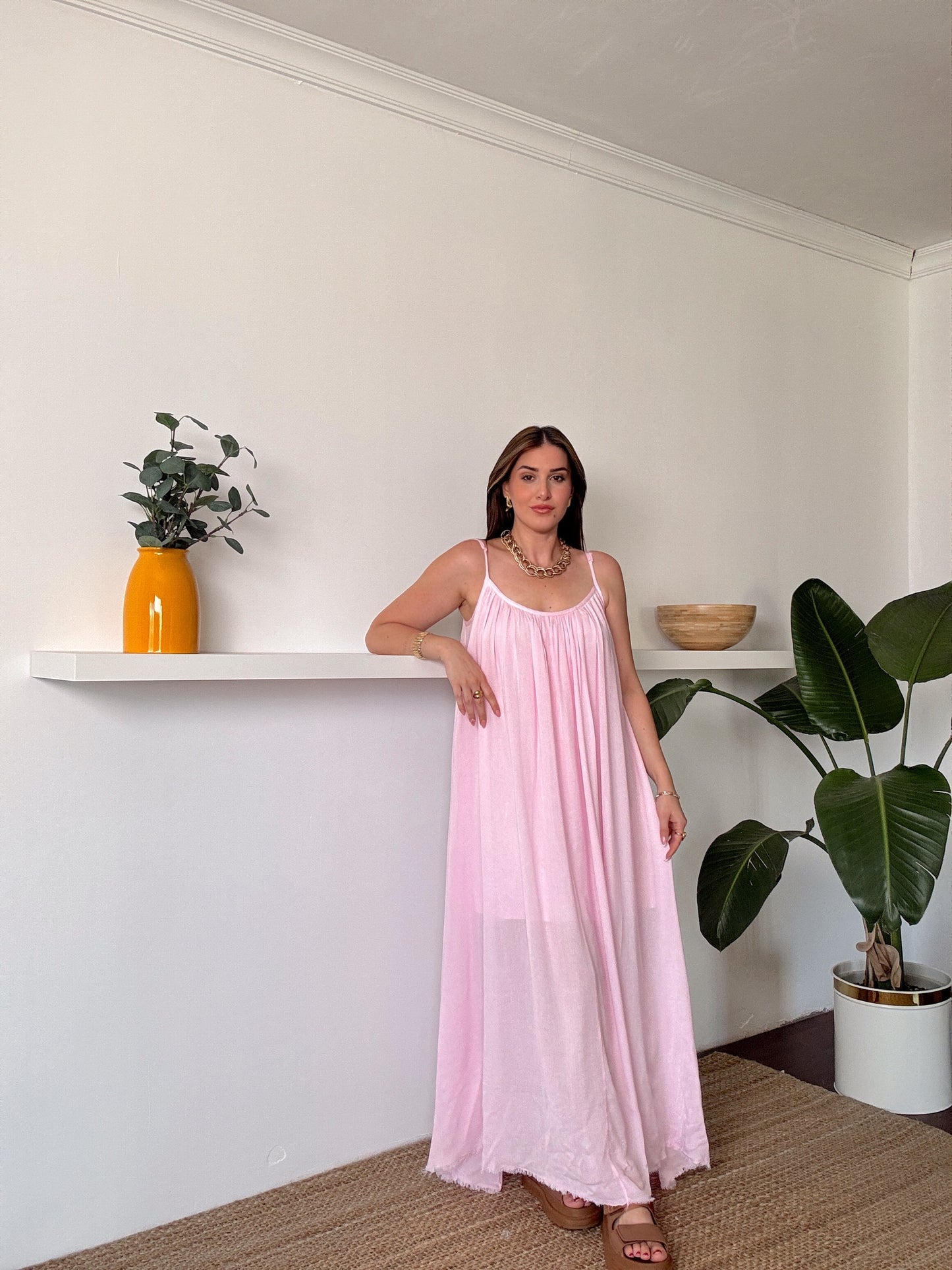 Viskon Vual İp Askılı Elbise Pembe