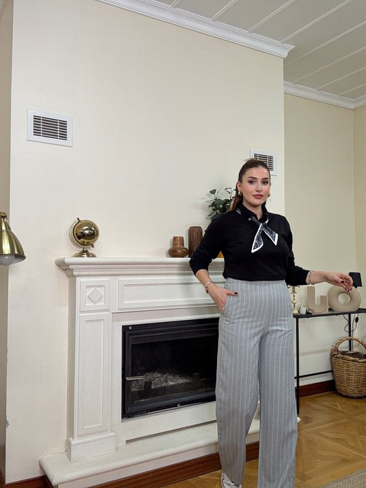 Beli lastikli çizgili pantolon-GRİ