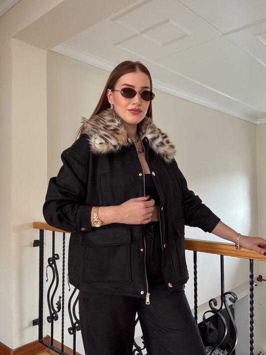 LEOPAR yaka süet ikili takım SİYAH