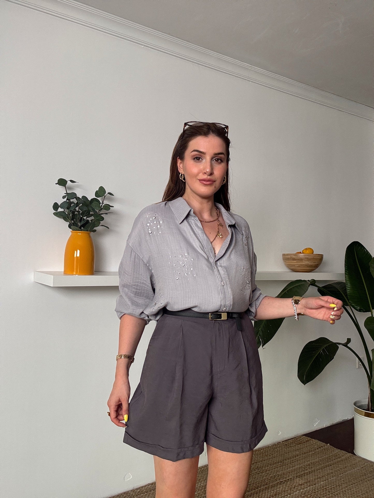 DİANA taş detaylı KETEN gömlek GRİ
