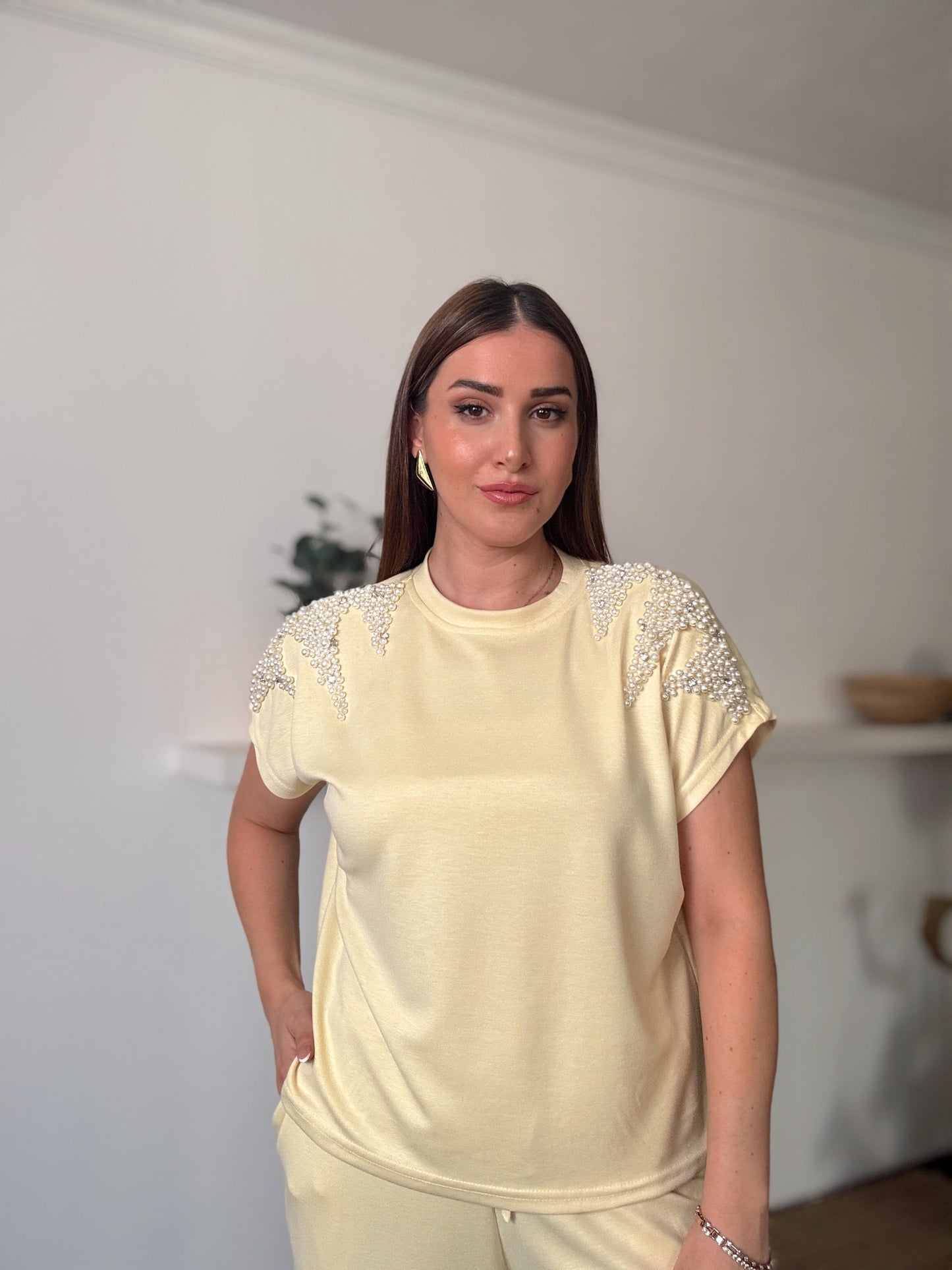 İnci İşlemeli Modal Takım Sarı