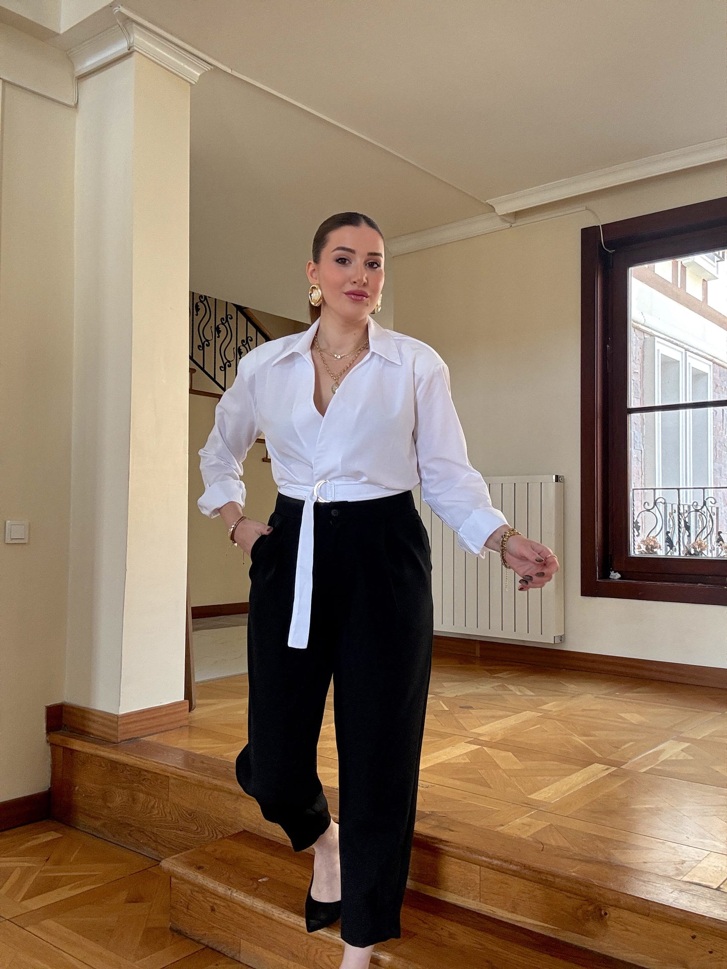 Paça dikişli yüksek bel şalvar pantolon SİYAH