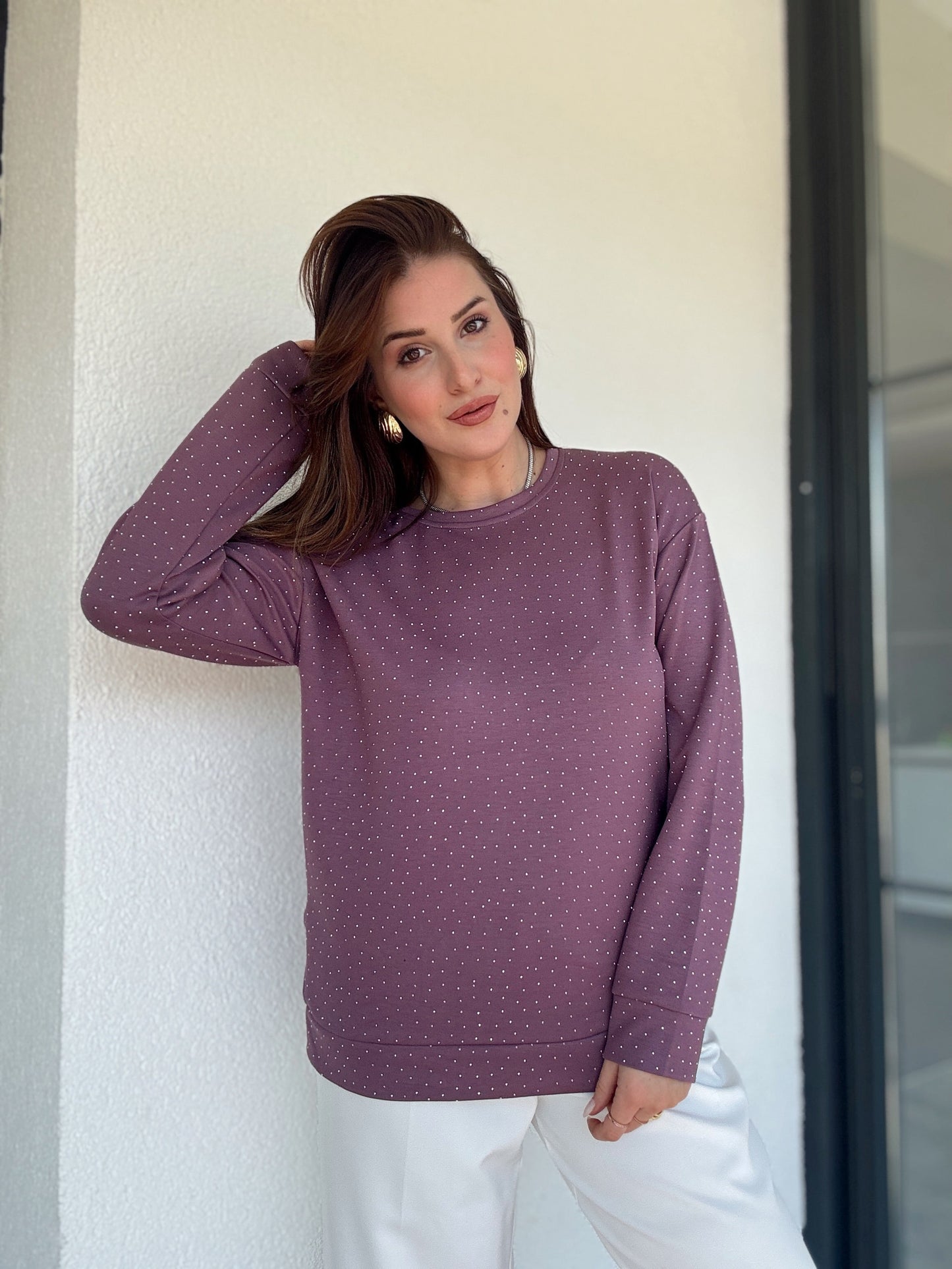 Modal taşlı iki iplik sweat Mor