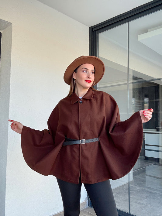 Yakalı kemerli panço kahve