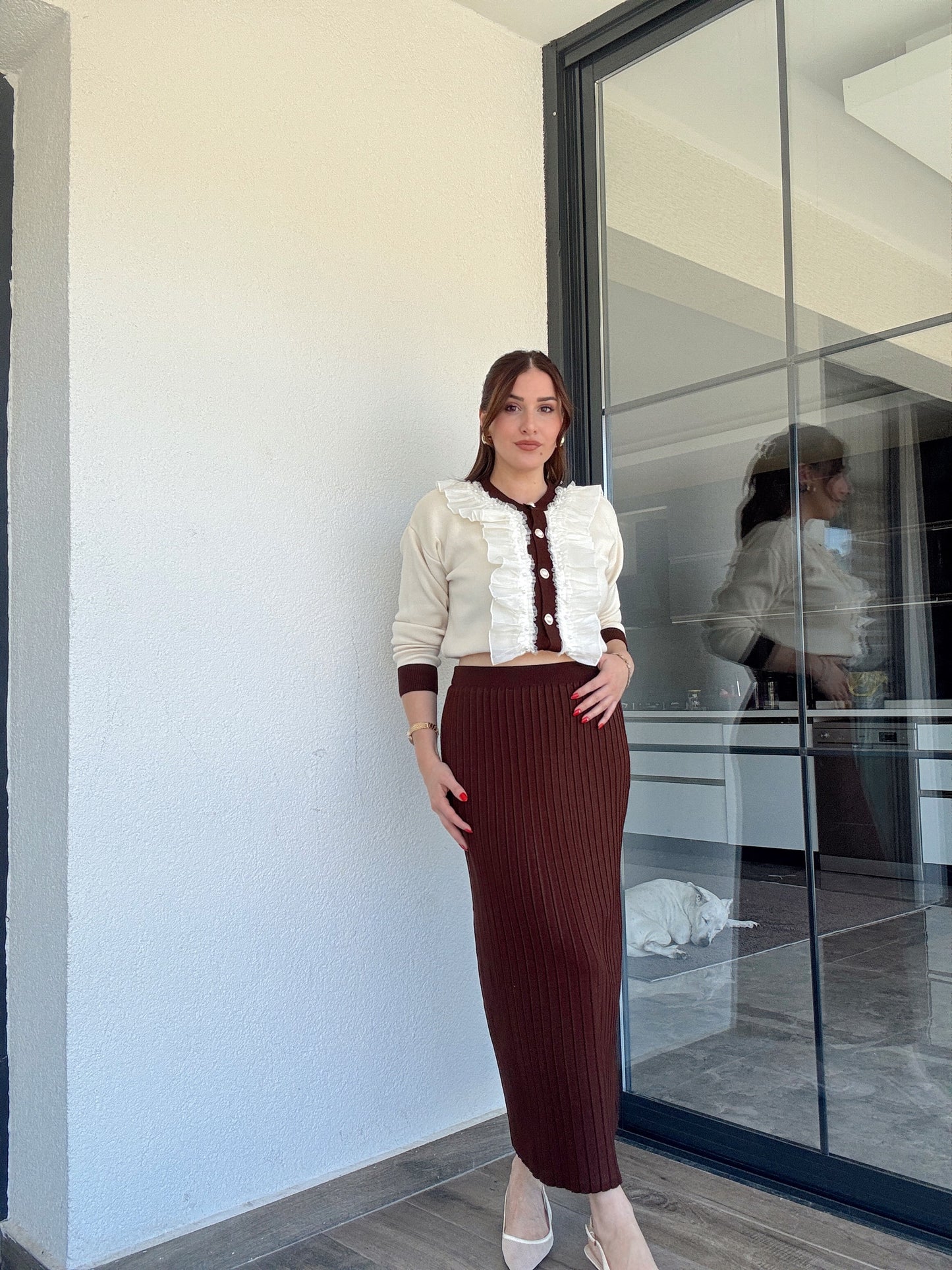 Manolya incili etekli ikili takım KAHVERENGİ