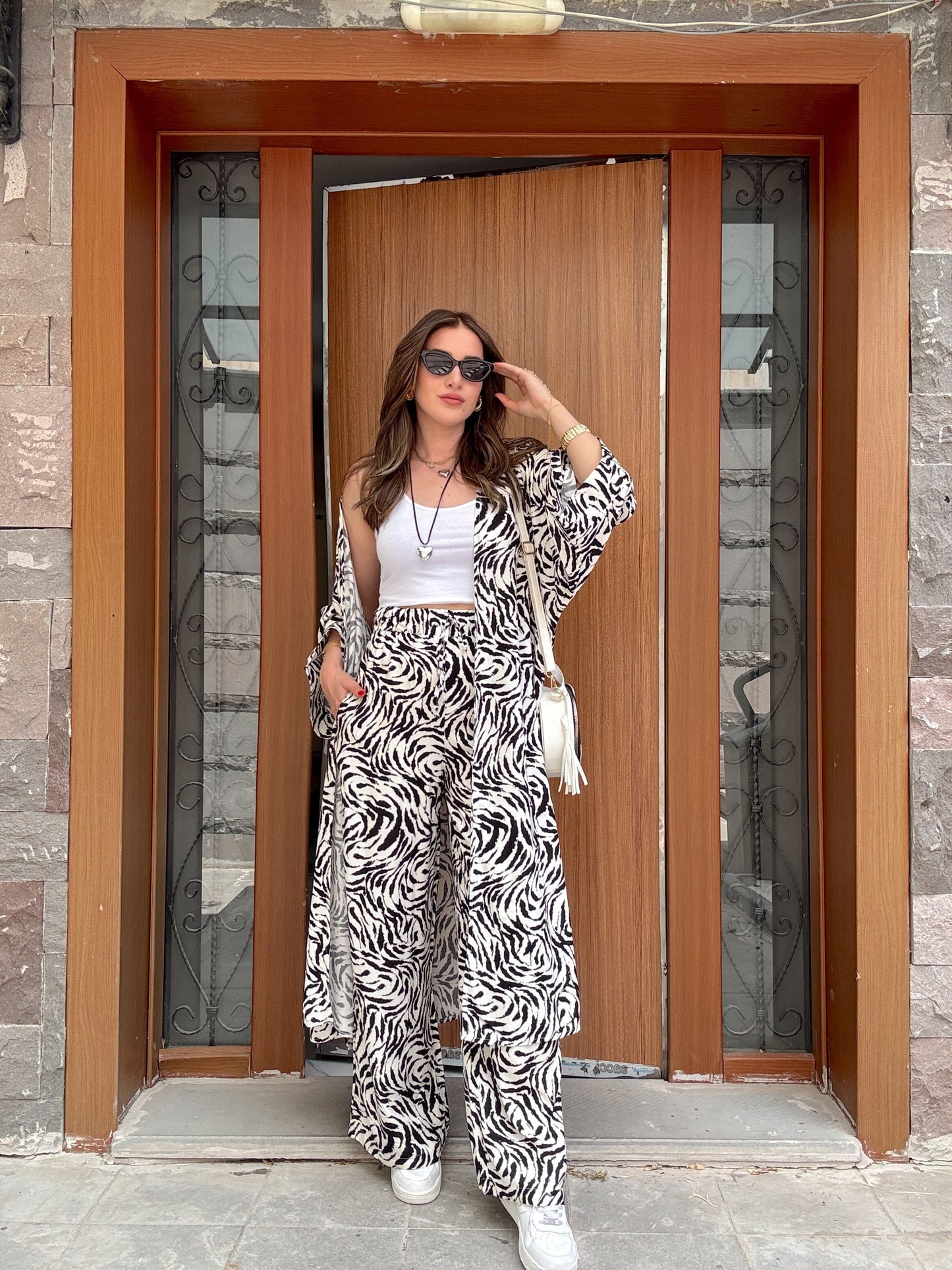Desenli Kimono Takım Beyaz