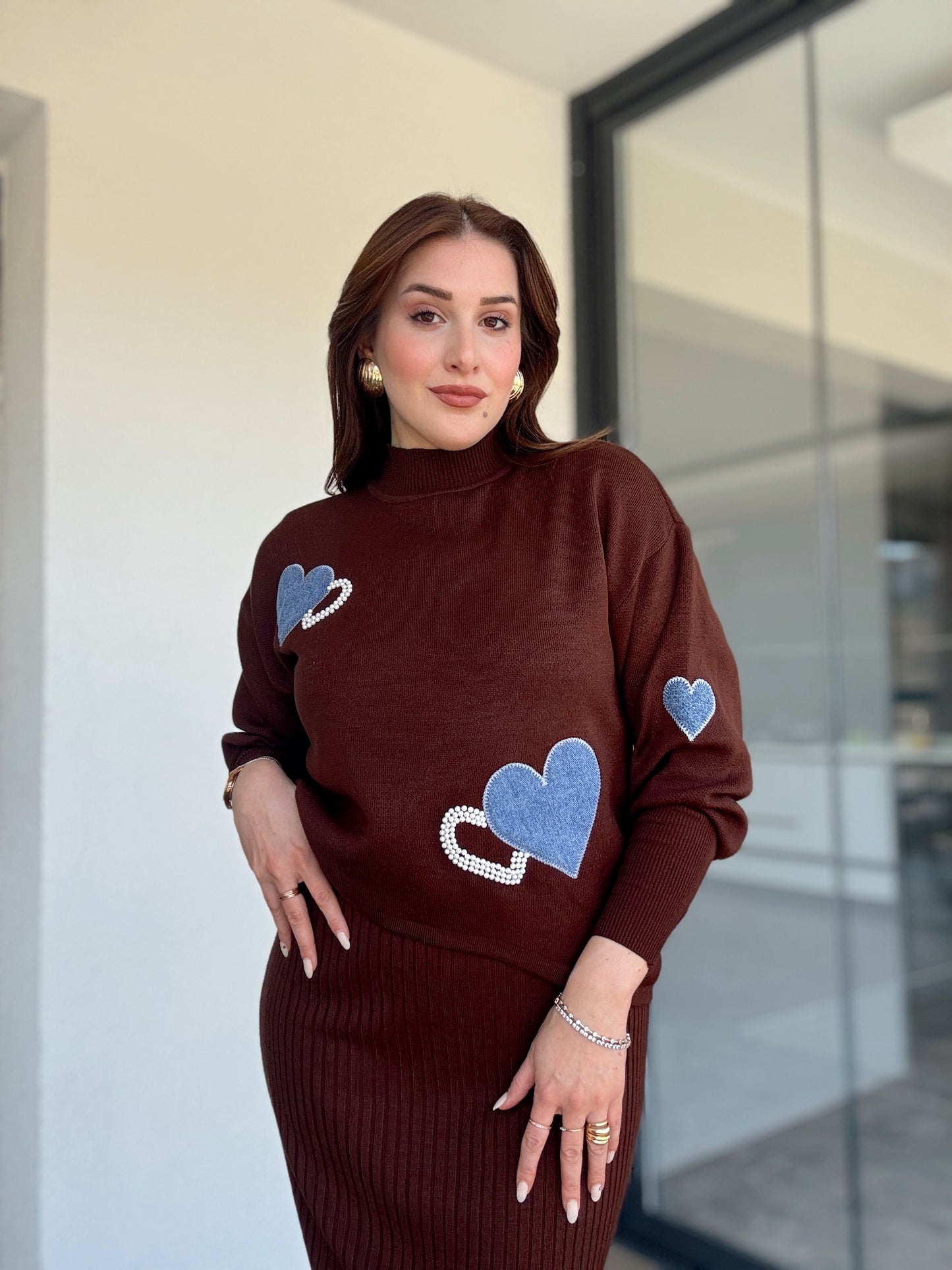 Kalpli kot garnili Jile triko takım Kahve
