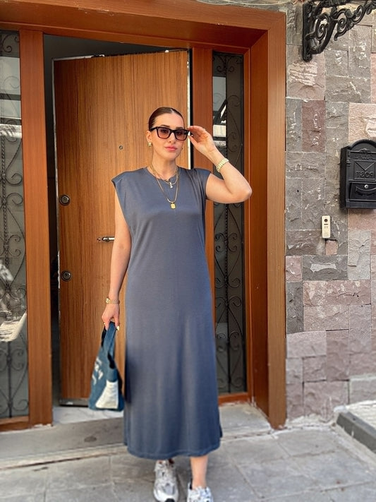 Modal kumaş vatkalı bisiklet yaka elbise FÜME