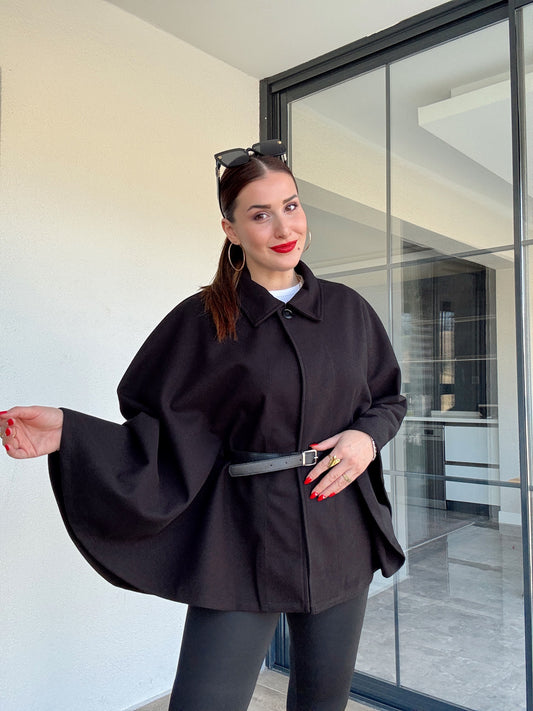 Yakalı kemerli panço siyah