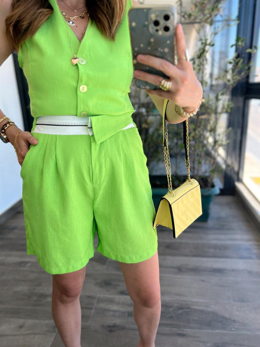 Lastikli keten şort YEŞİL