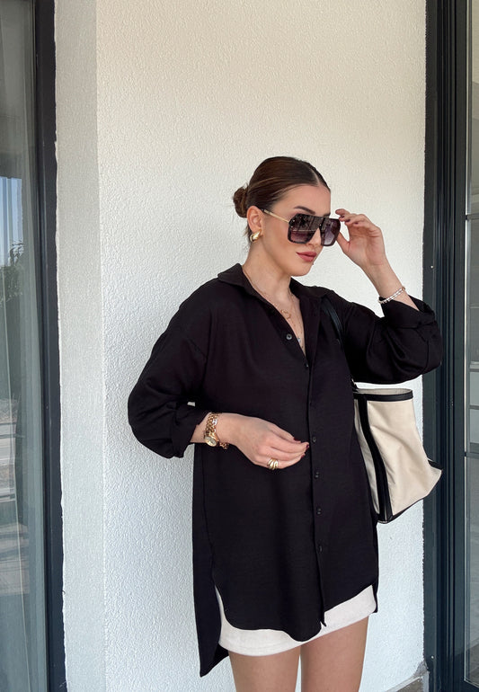 Arka Çift Pens Oversize Keten Gömlek SİYAH