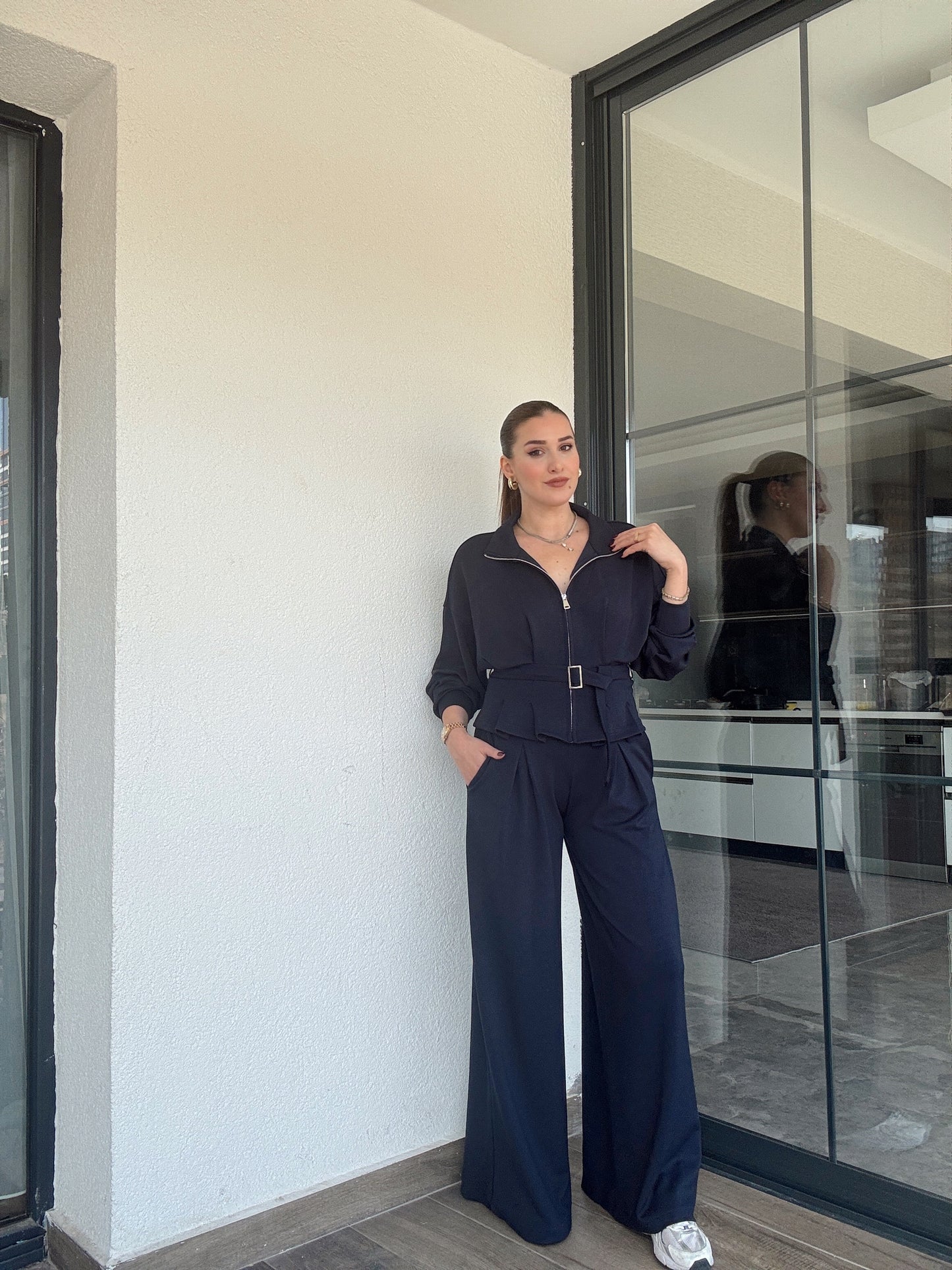 Modal kumaş dik yaka etek pileli ceket pantolon takım-LACİVERT