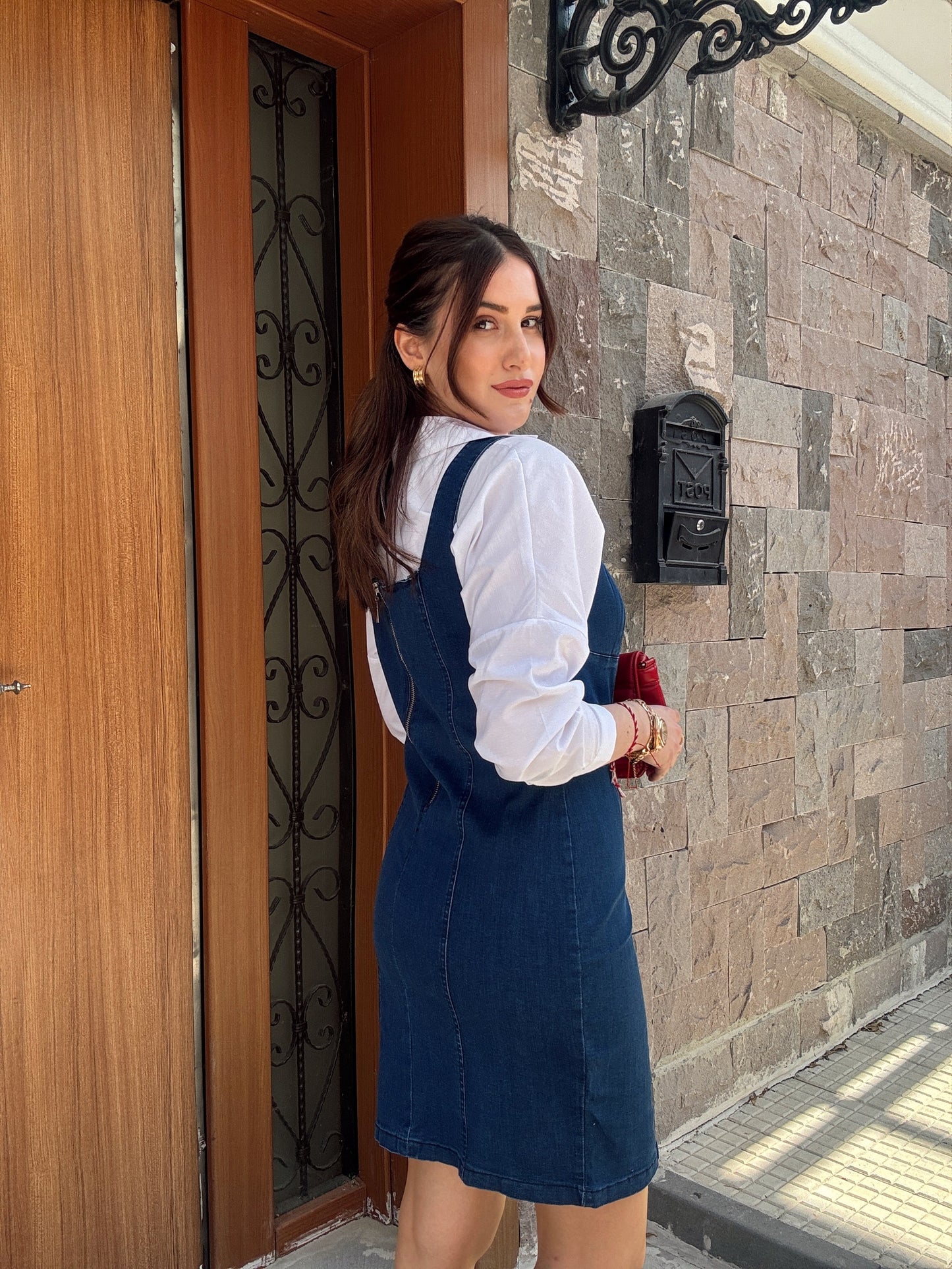Kare Yaka Likralı Denim Elbise MAVİ