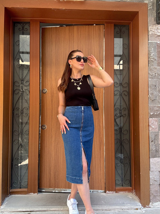 Stone fermuarlı kot etek-MAVİ