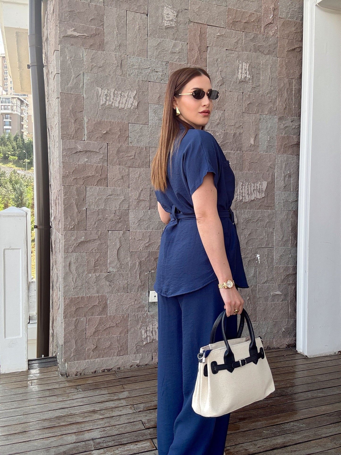 Kuşak detaylı İkili Takım Lacivert