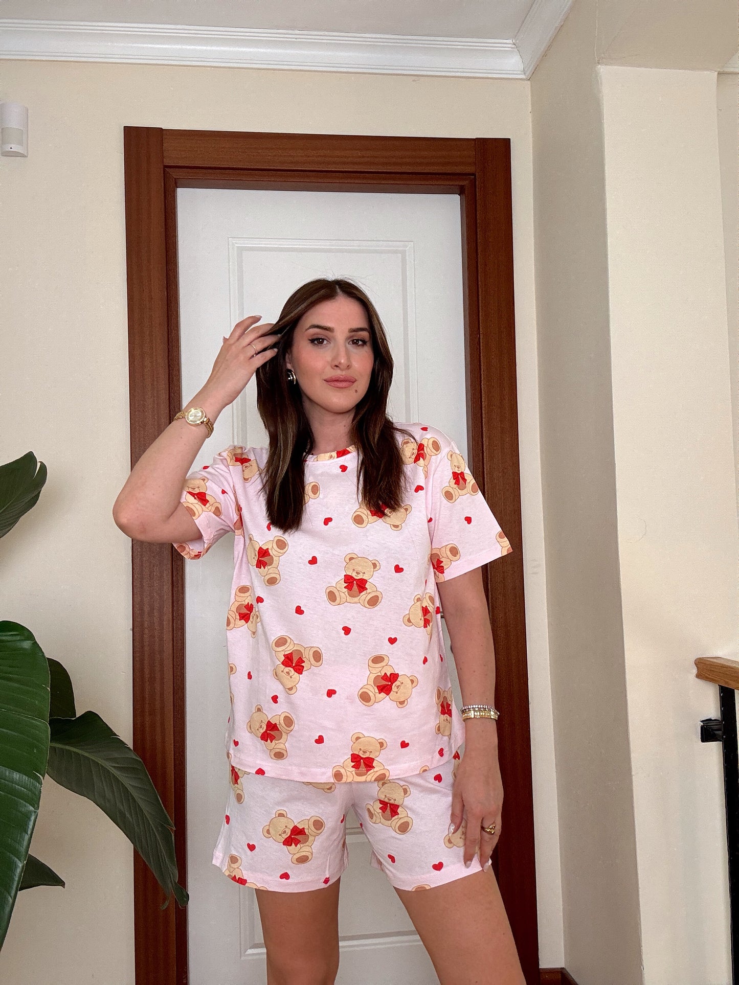 Kalpli Ayıcık Baskılı Pijama Takımı Pembe