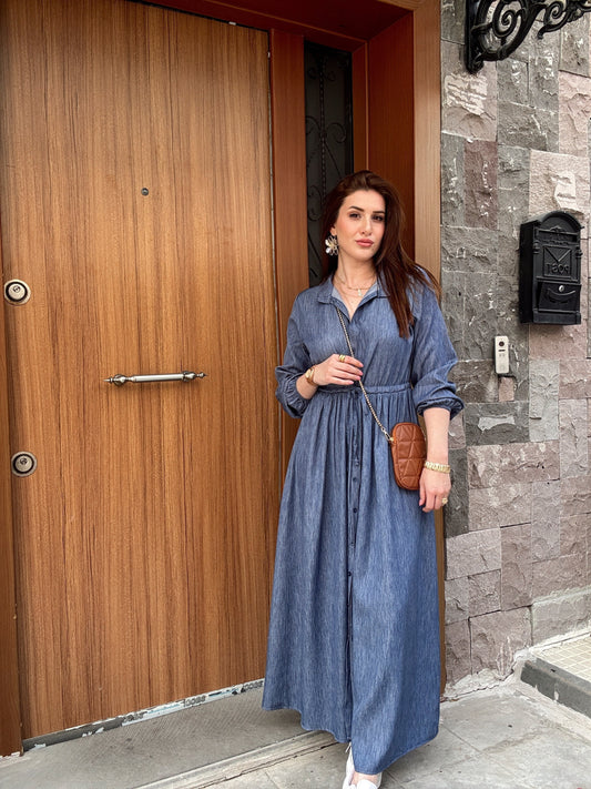 Hakim Yaka Full Düğmeli Tensel Elbise