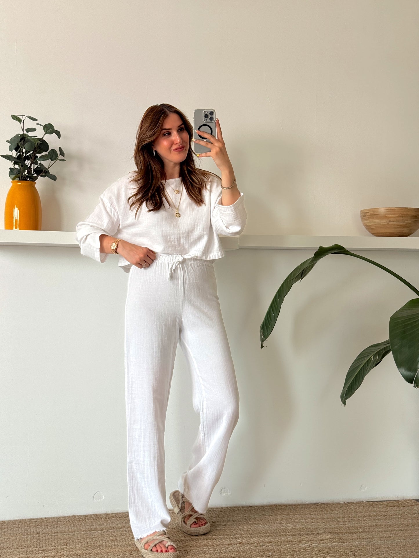 Keten uzun kol crop pantolon ikili takım BEYAZ