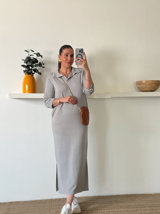 Polo Yaka modal kumaş uzun elbise Gri